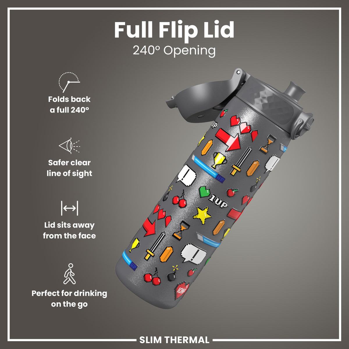 Leak Proof Slim Thermal Water Bottle, Insulated Steel, Gamer, 500ml (17oz)