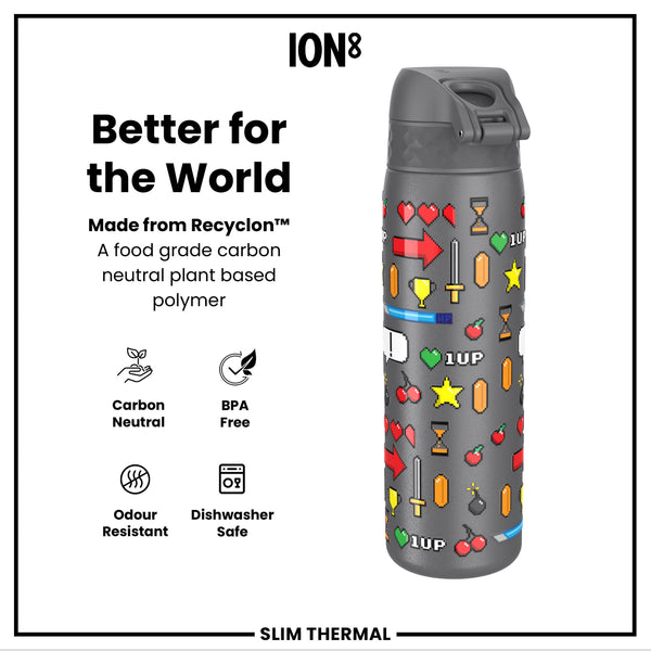 Leak Proof Slim Thermal Water Bottle, Insulated Steel, Gamer, 500ml (17oz)