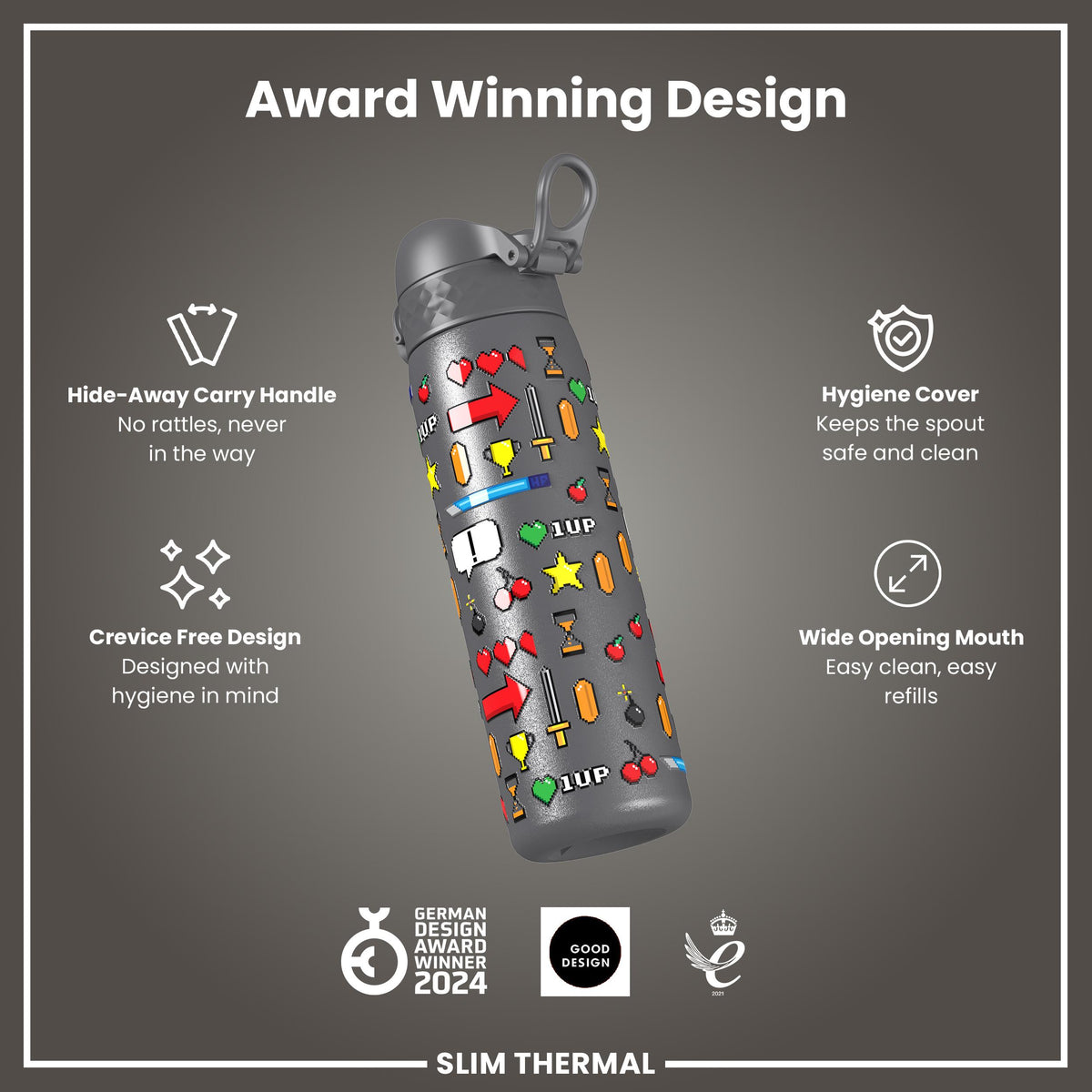 Leak Proof Slim Thermal Water Bottle, Insulated Steel, Gamer, 500ml (17oz)
