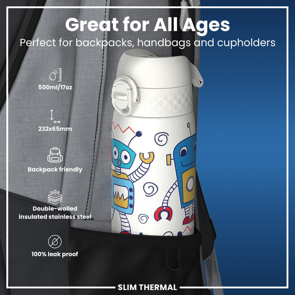 Leak Proof Slim Thermal Water Bottle, Insulated Steel, Robots, 500ml (17oz)
