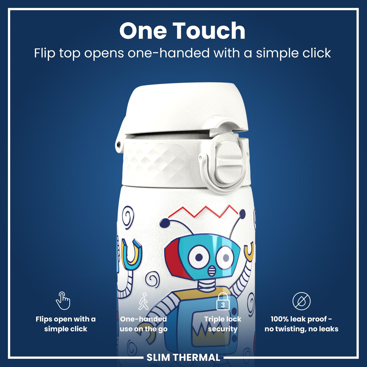 Leak Proof Slim Thermal Water Bottle, Insulated Steel, Robots, 500ml (17oz)