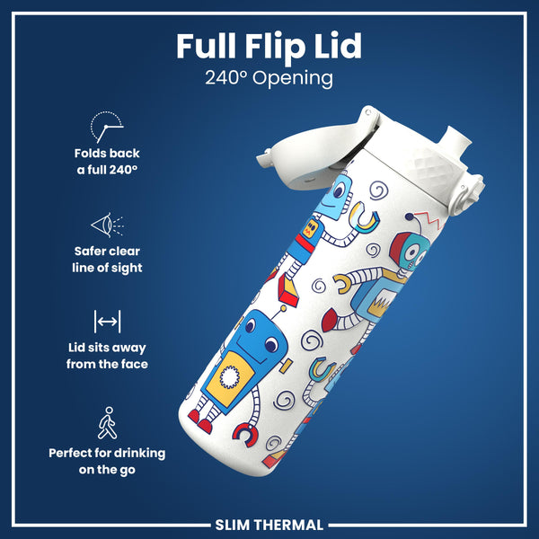 Leak Proof Slim Thermal Water Bottle, Insulated Steel, Robots, 500ml (17oz)
