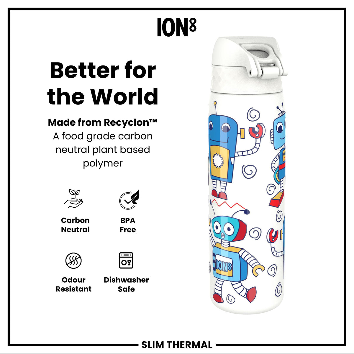 Leak Proof Slim Thermal Water Bottle, Insulated Steel, Robots, 500ml (17oz)