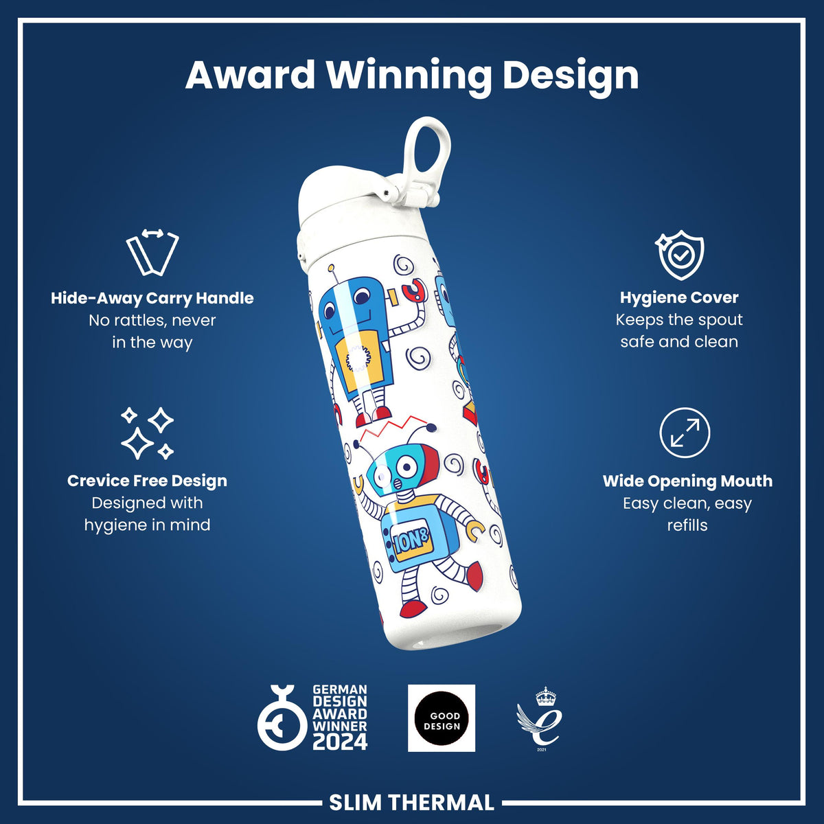Leak Proof Slim Thermal Water Bottle, Insulated Steel, Robots, 500ml (17oz)