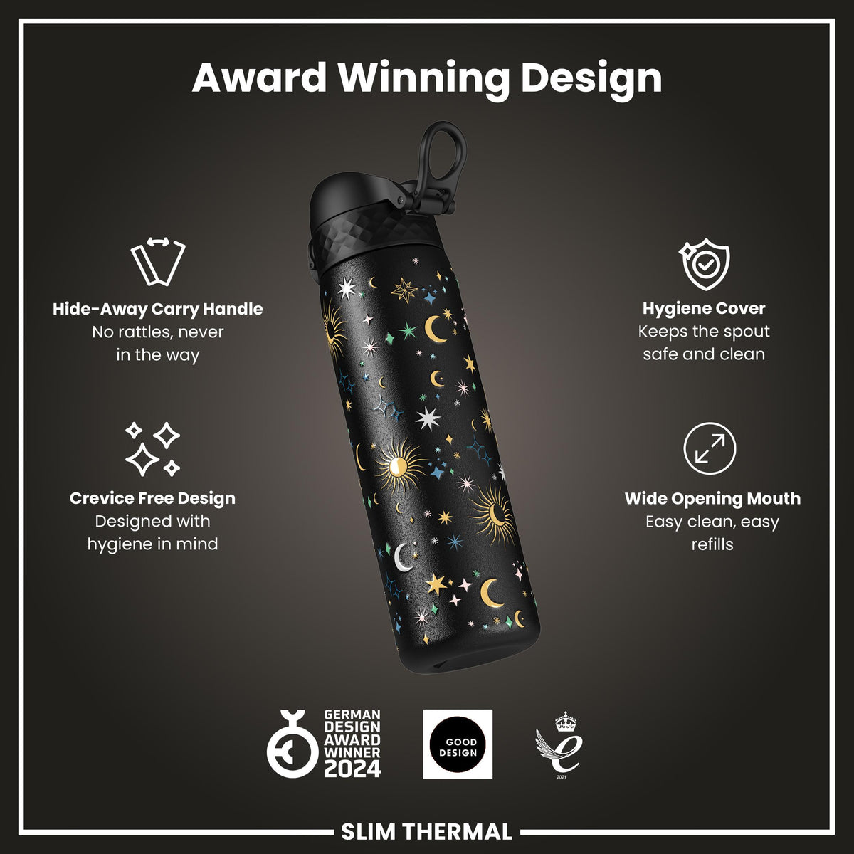 Leak Proof Slim Thermal Water Bottle, Insulated Steel, Celestial, 500ml (17oz)
