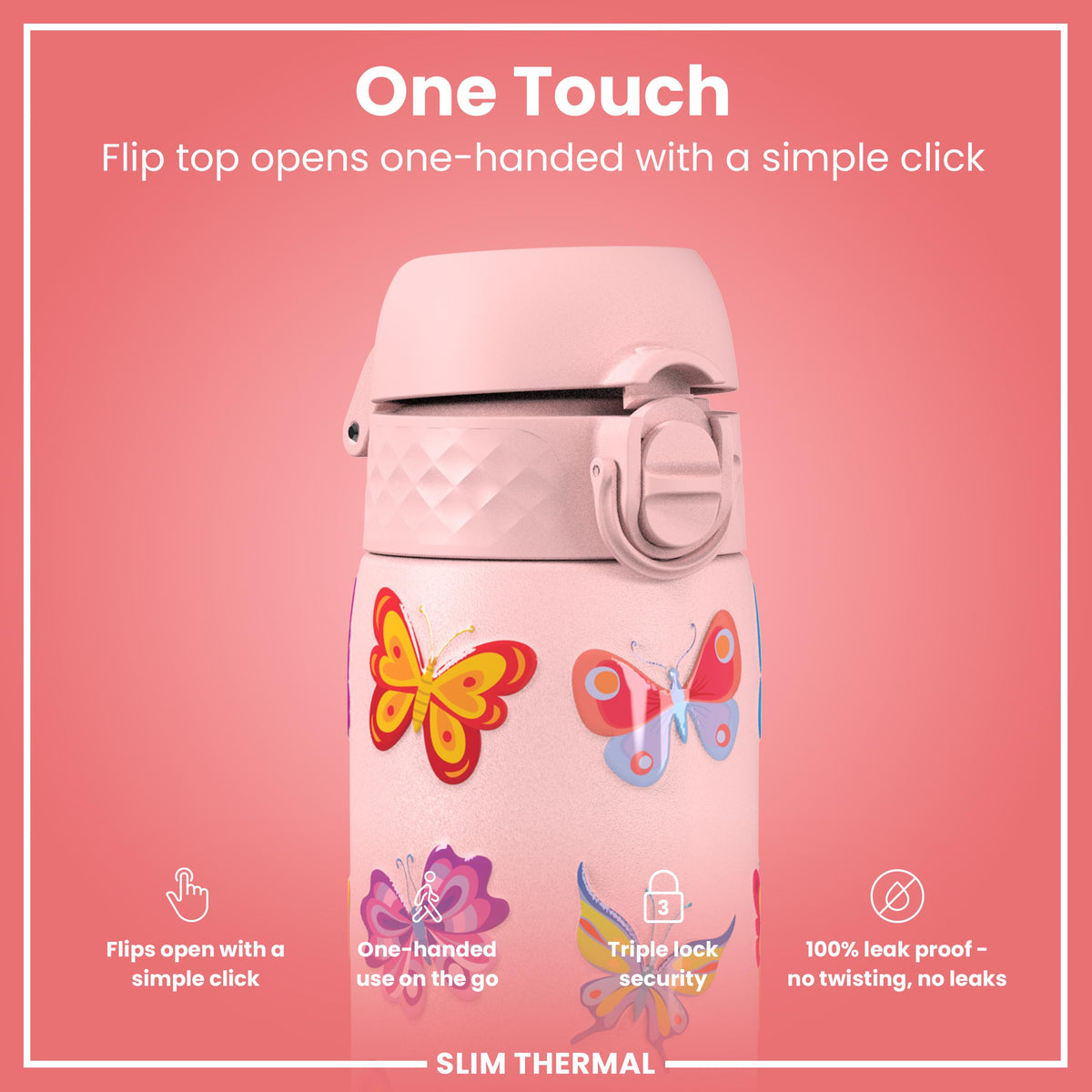 Leak Proof Slim Thermal Water Bottle, Insulated Steel, Butterfly, 500ml (17oz)