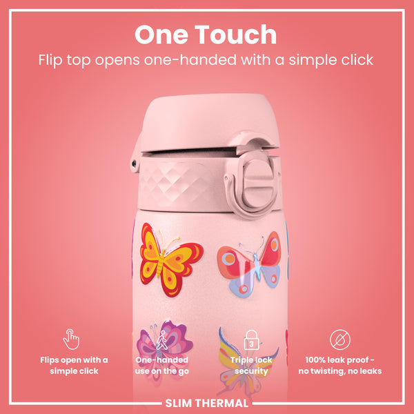 Leak Proof Slim Thermal Water Bottle, Insulated Steel, Butterfly, 500ml (17oz)