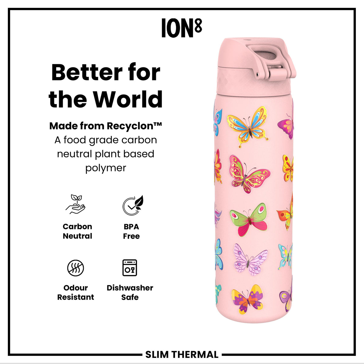 Leak Proof Slim Thermal Water Bottle, Insulated Steel, Butterfly, 500ml (17oz)