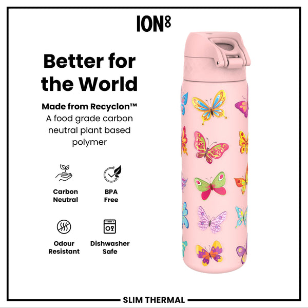 Leak Proof Slim Thermal Water Bottle, Insulated Steel, Butterfly, 500ml (17oz)