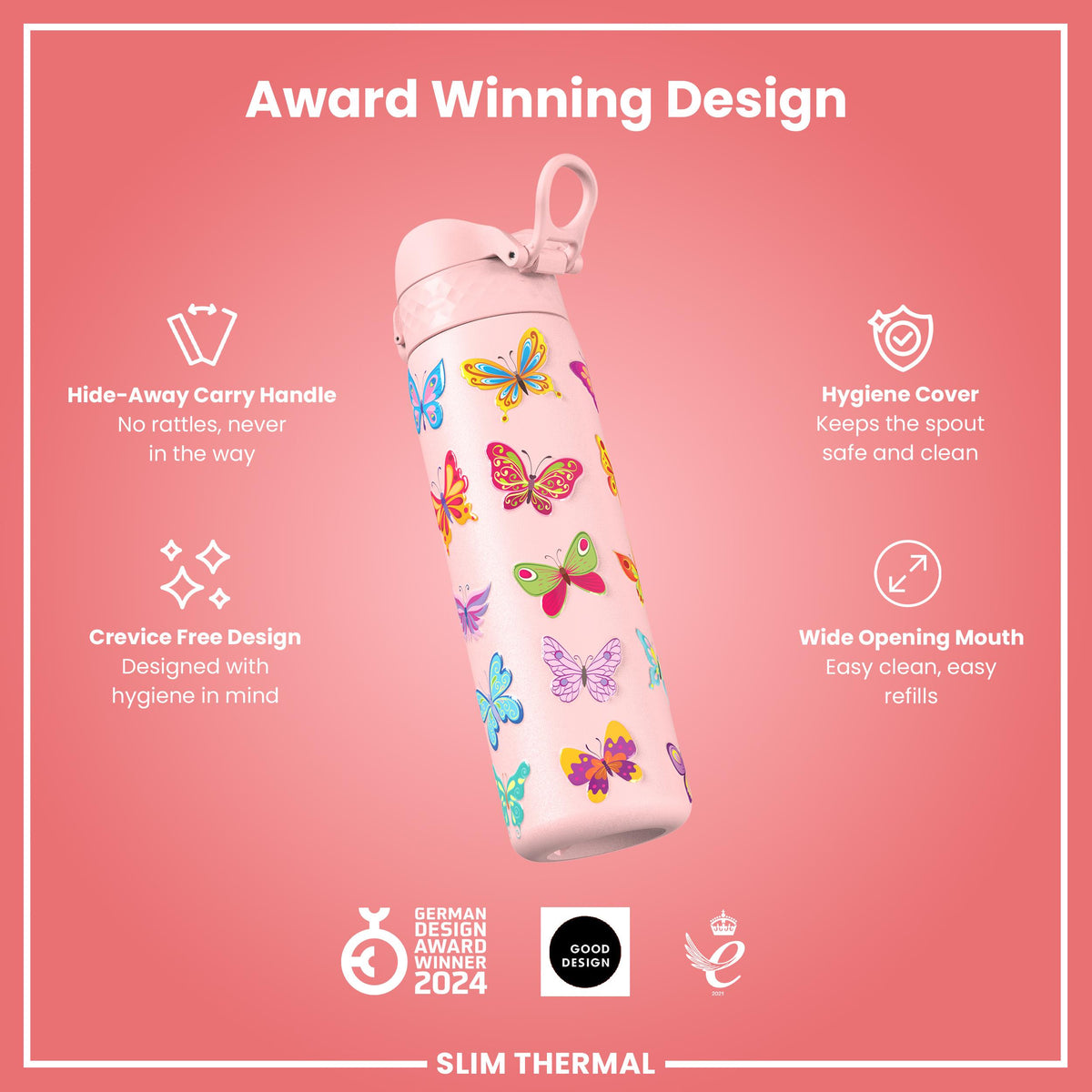 Leak Proof Slim Thermal Water Bottle, Insulated Steel, Butterfly, 500ml (17oz)