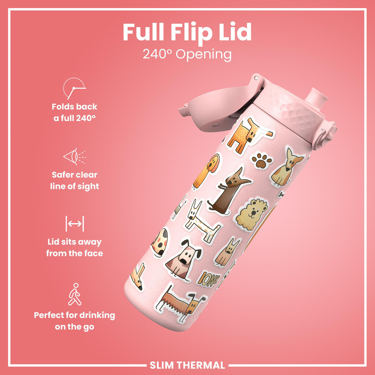 Leak Proof Slim Thermal Water Bottle, Insulated Steel, Dogs, 500ml (17oz)
