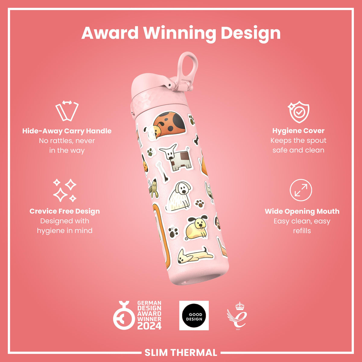 Leak Proof Slim Thermal Water Bottle, Insulated Steel, Dogs, 500ml (17oz)