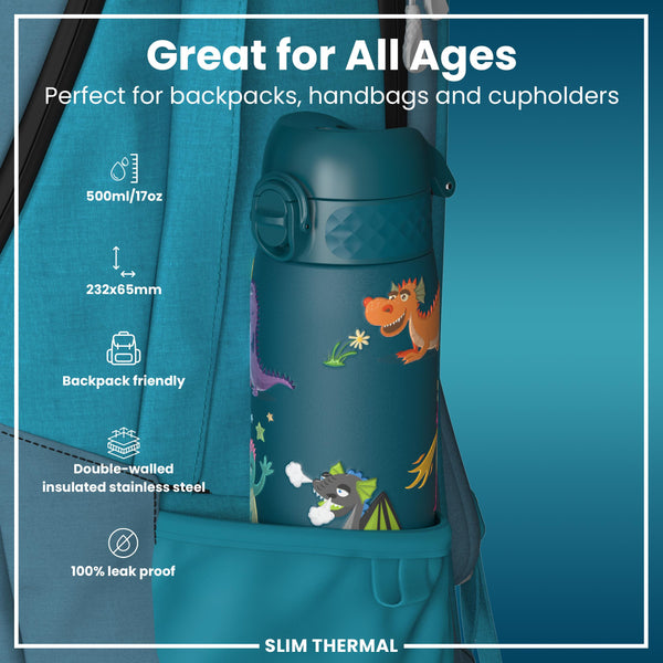 Leak Proof Slim Thermal Water Bottle, Insulated Steel, Teal Dragons, 500ml (17oz)