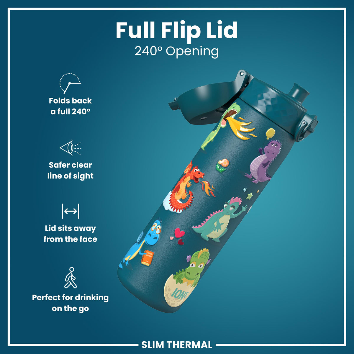 Leak Proof Slim Thermal Water Bottle, Insulated Steel, Teal Dragons, 500ml (17oz)