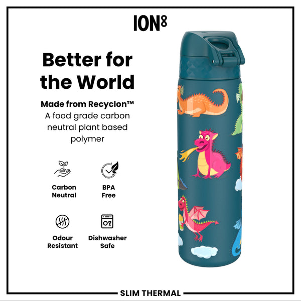 Leak Proof Slim Thermal Water Bottle, Insulated Steel, Teal Dragons, 500ml (17oz)
