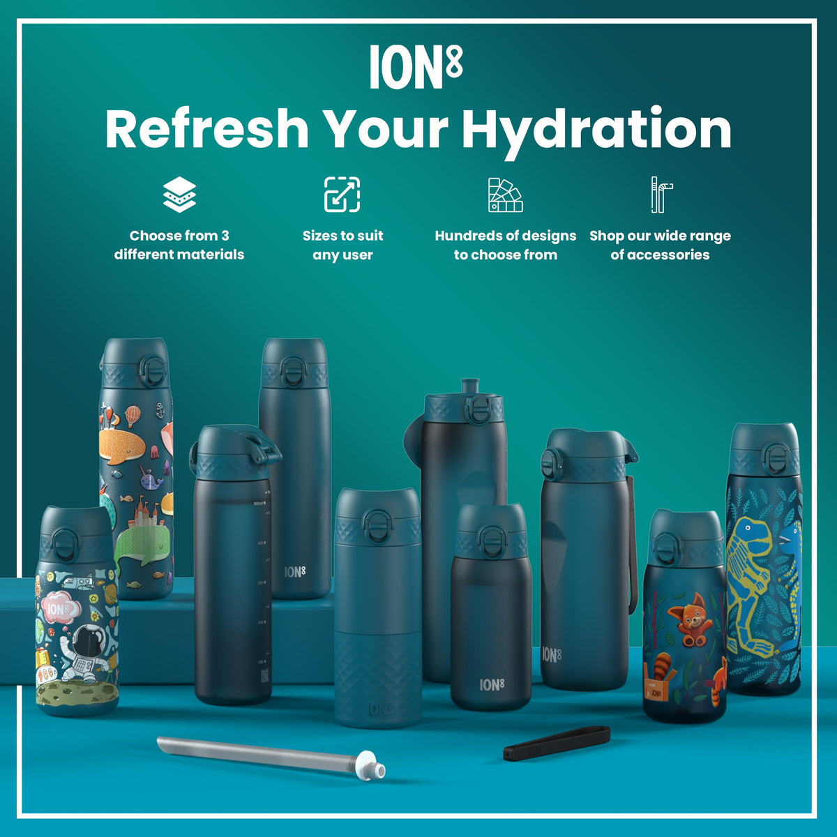Leak Proof Slim Thermal Water Bottle, Insulated Steel, Teal Dragons, 500ml (17oz)