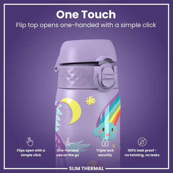 Leak Proof Slim Thermal Water Bottle, Insulated Steel, Purple Unicorns, 500ml (17oz)