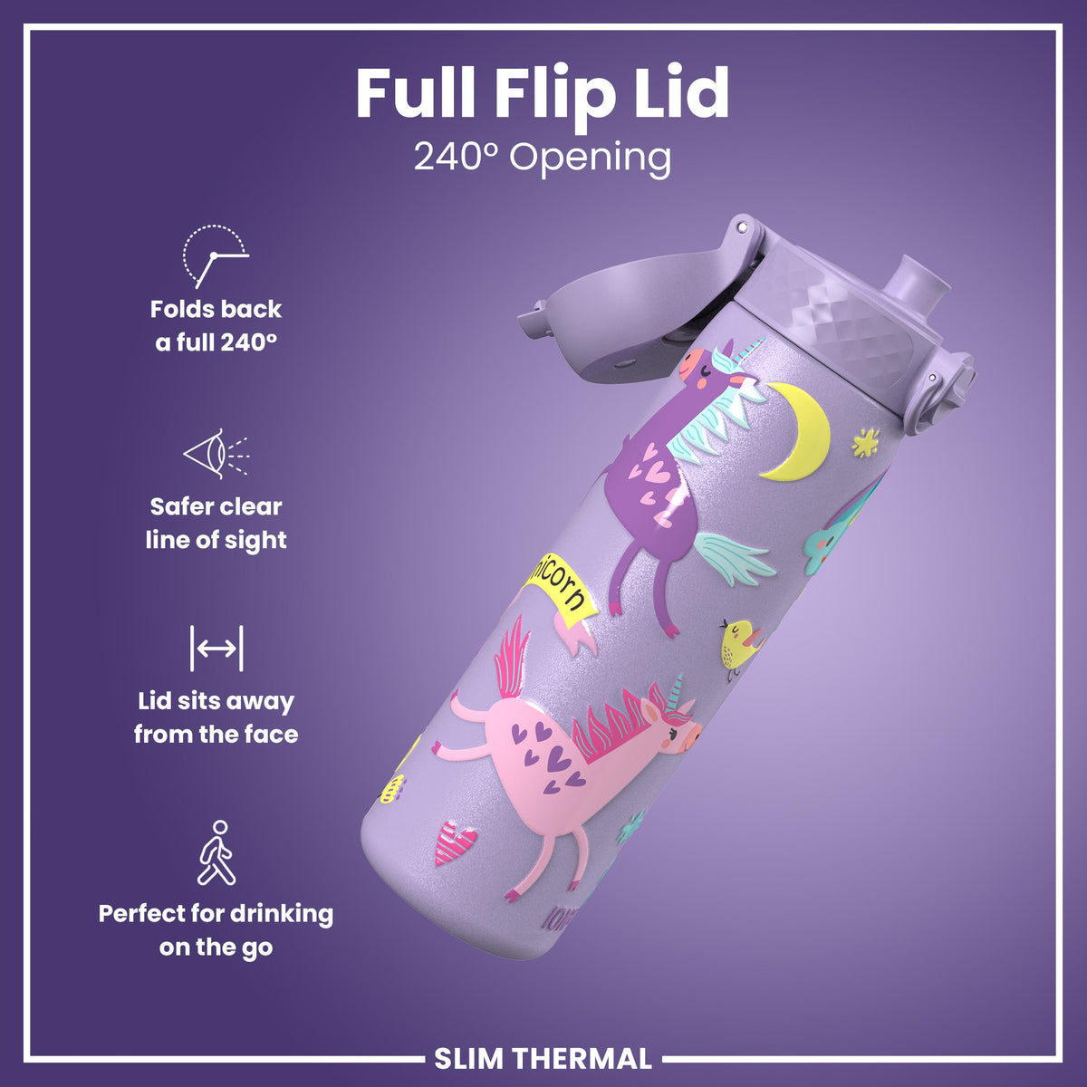 Leak Proof Slim Thermal Water Bottle, Insulated Steel, Purple Unicorns, 500ml (17oz)