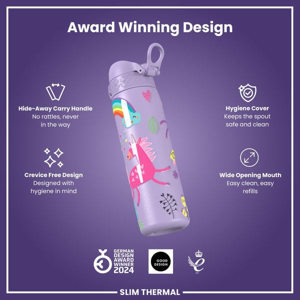 Leak Proof Slim Thermal Water Bottle, Insulated Steel, Purple Unicorns, 500ml (17oz)