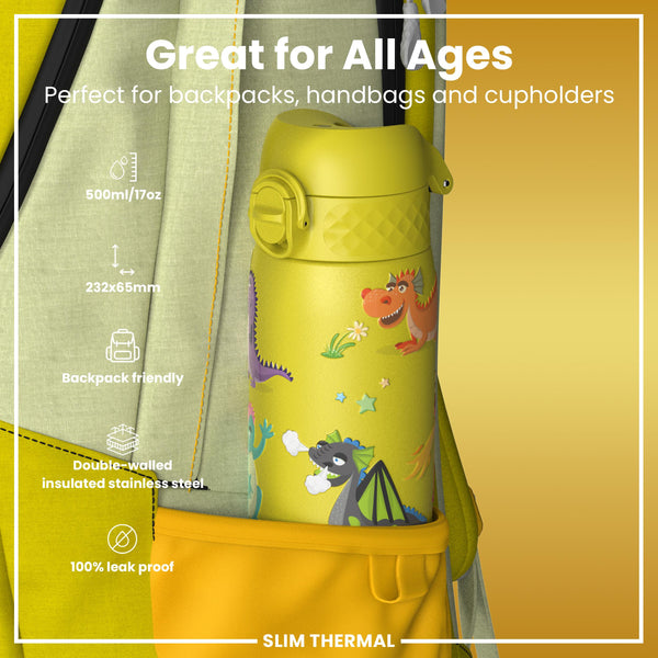 Leak Proof Slim Thermal Water Bottle, Insulated Steel, Yellow Dragons, 500ml (17oz)