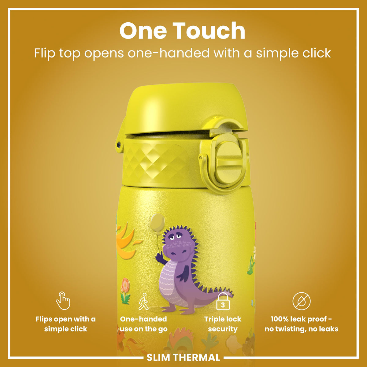 Leak Proof Slim Thermal Water Bottle, Insulated Steel, Yellow Dragons, 500ml (17oz)