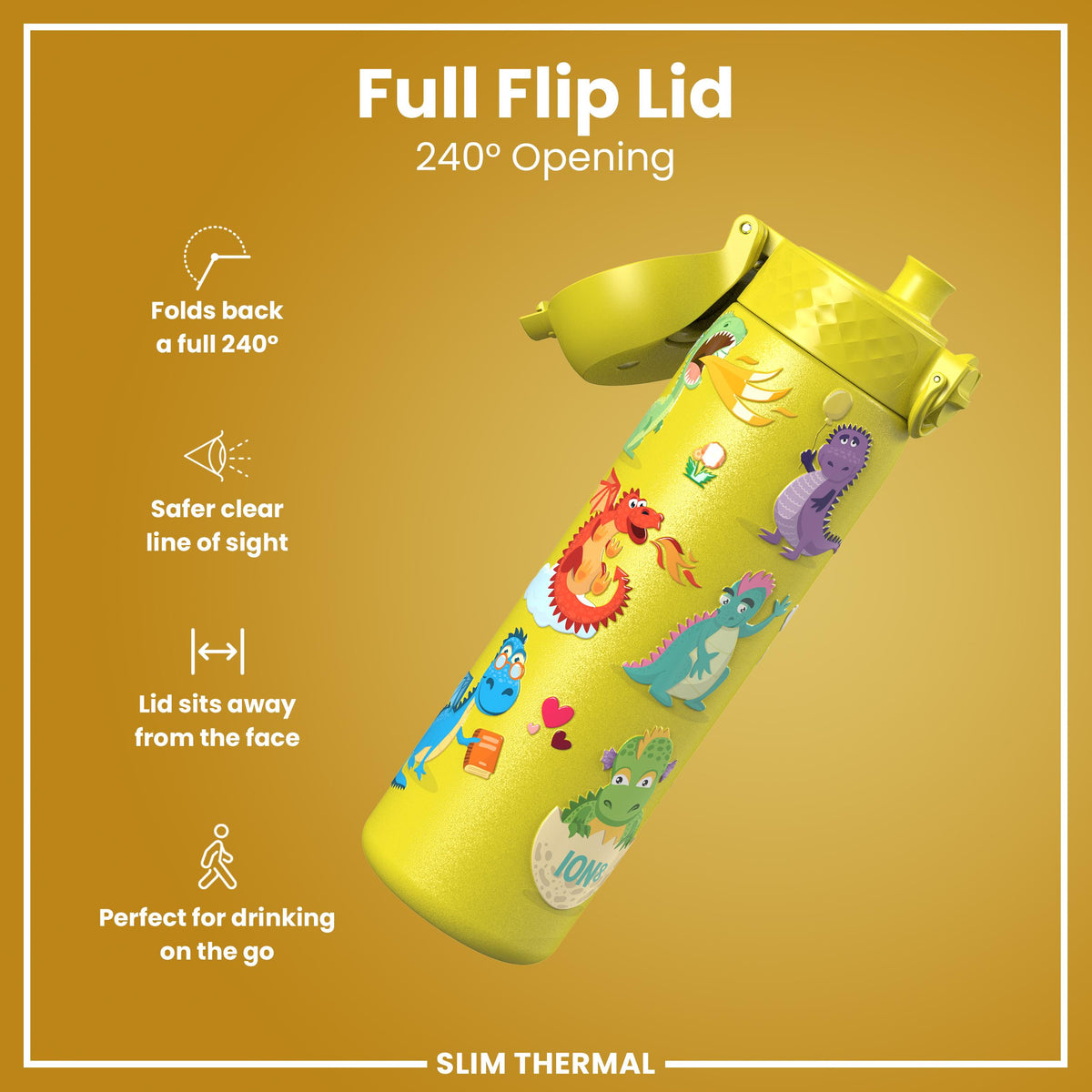 Leak Proof Slim Thermal Water Bottle, Insulated Steel, Yellow Dragons, 500ml (17oz)