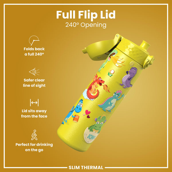 Leak Proof Slim Thermal Water Bottle, Insulated Steel, Yellow Dragons, 500ml (17oz)