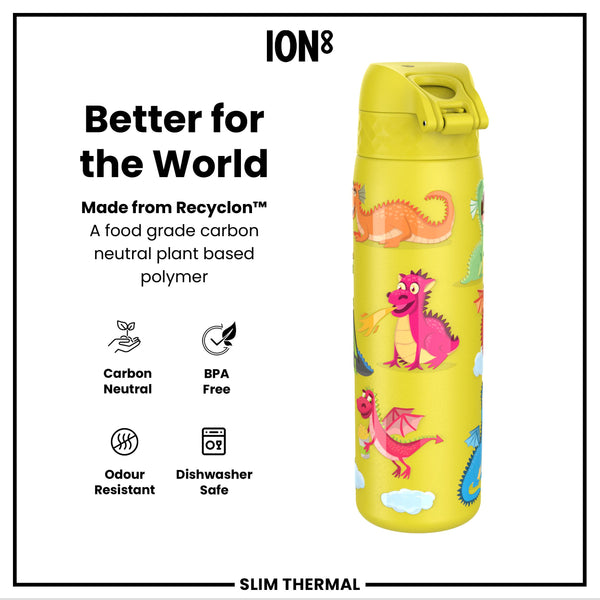Leak Proof Slim Thermal Water Bottle, Insulated Steel, Yellow Dragons, 500ml (17oz)