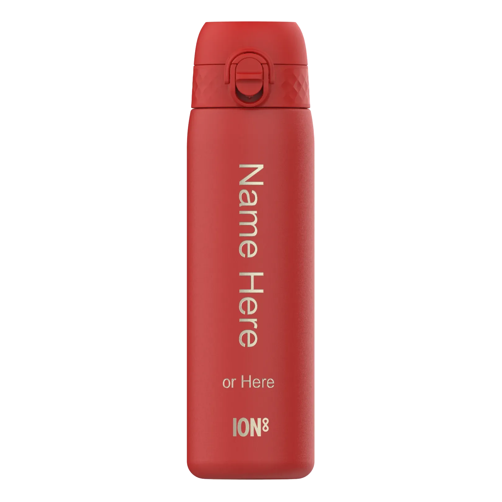 A red reusable water bottle stands upright featuring the text "Name Here or Here ION8" designed for customization and branding in a plain background.