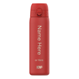 A red bottle stands upright with a closed lid against a plain background Text reads Name Here or Here ION8