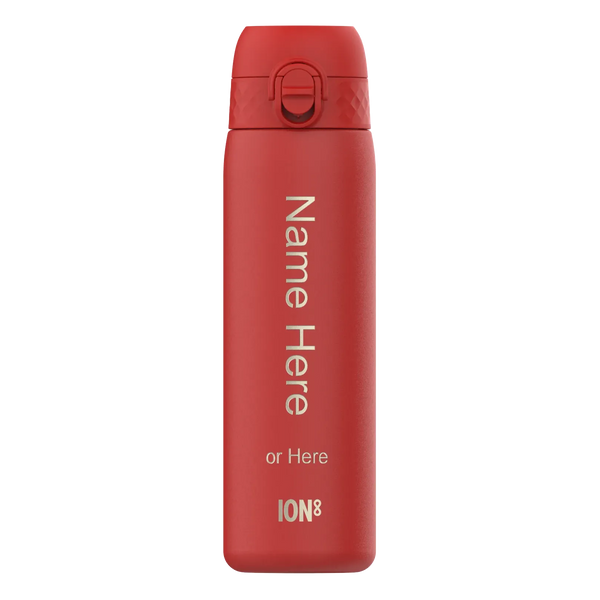 A red bottle stands upright with a closed lid against a plain background Text reads Name Here or Here ION8