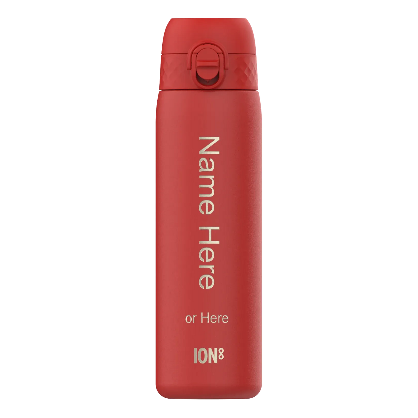 A red bottle stands upright with a closed lid against a plain background Text reads Name Here or Here ION8