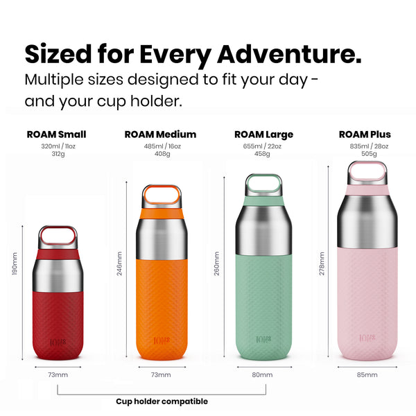 Set of four ROAM water bottles in different sizes with measurements and color options.