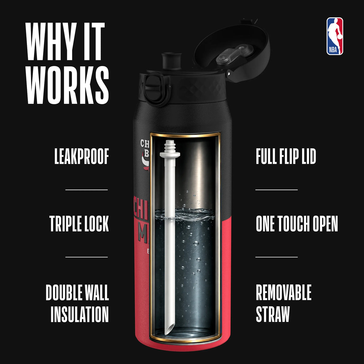 NBA x ION8, Insulated Steel Bottle, Chicago Bulls, 750ml (24oz) — additional product photo