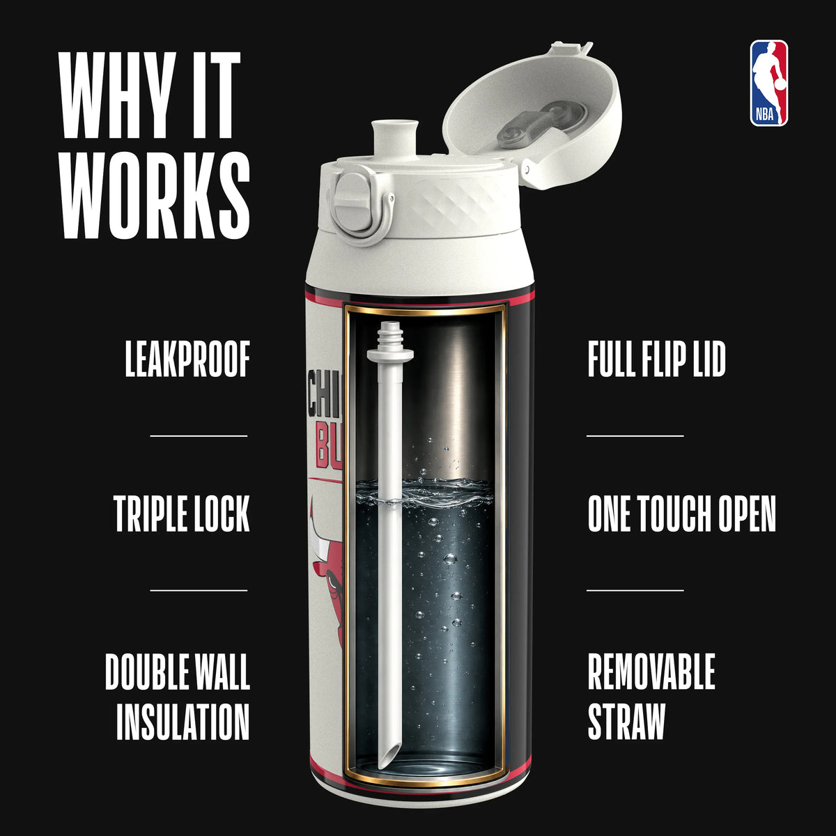 NBA x ION8, Insulated Steel Bottle, Chicago Bulls, 750ml (24oz) — additional product photo