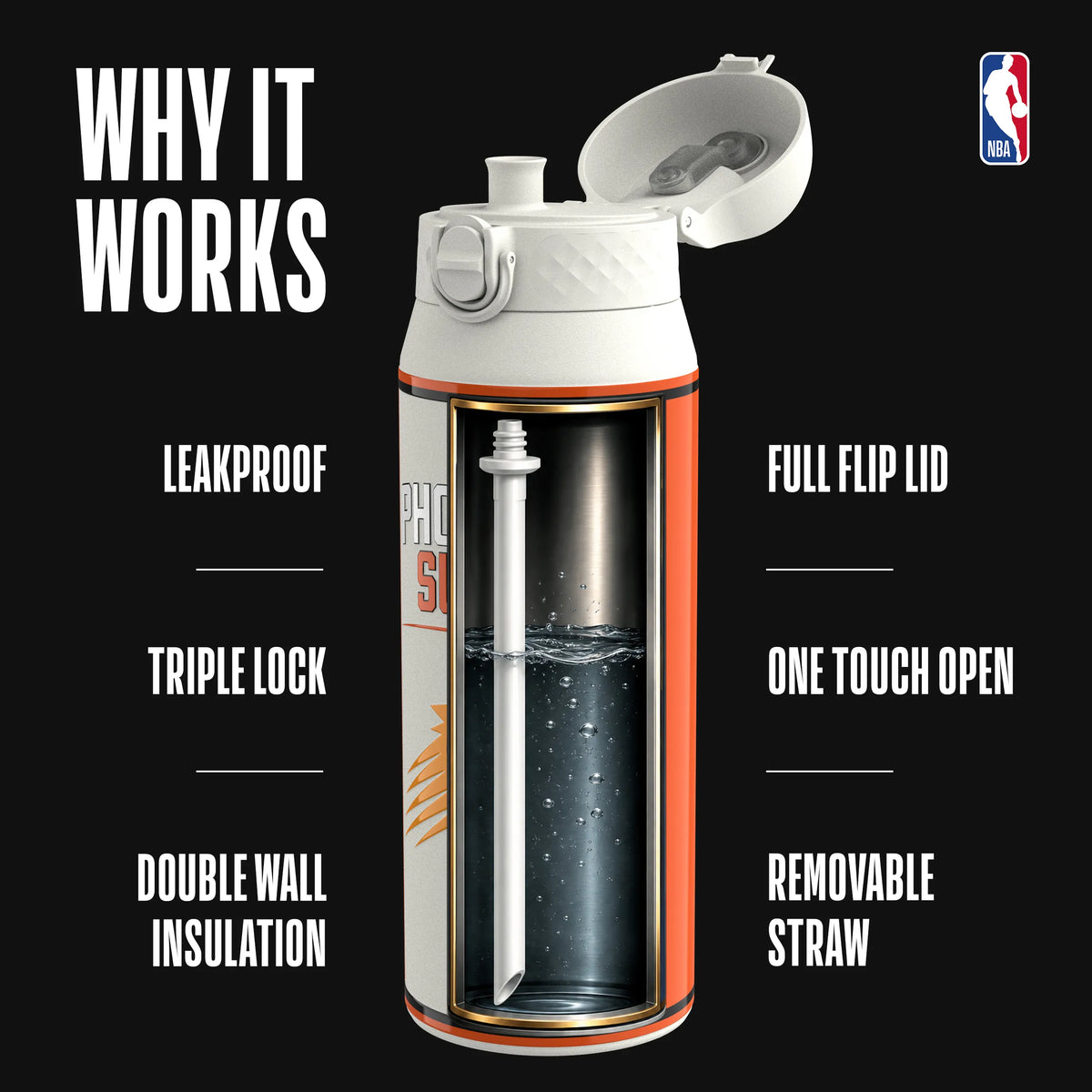 NBA x ION8, Insulated Steel Bottle, Phoenix Suns, 750ml (24oz) — additional product photo