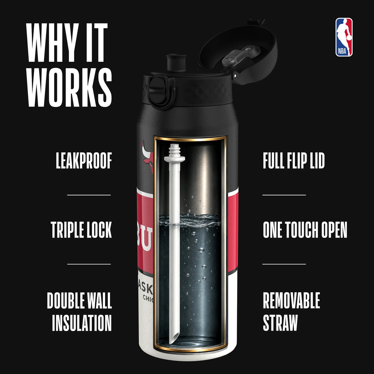NBA x ION8, Insulated Steel Bottle, Chicago Bulls, 750ml (24oz) — additional product photo
