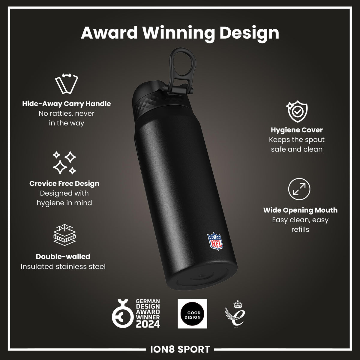 NFL x ION8 Insulated Steel Water Bottle, NFL Bears, 750ml (24oz)