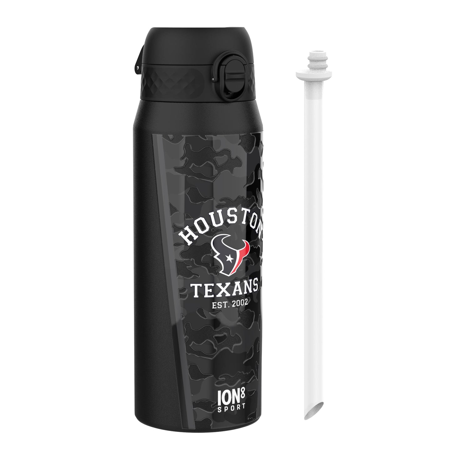 Black water bottle with Houston Texans branding on a white background