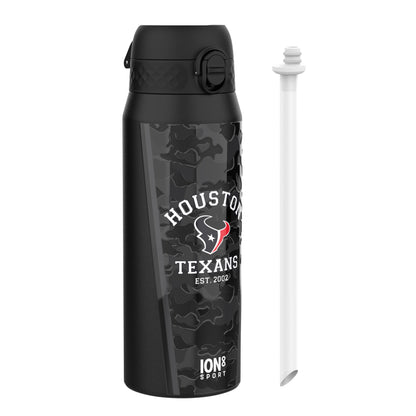 Black water bottle with Houston Texans branding on a white background