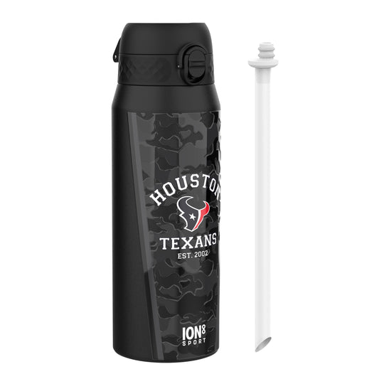 Black water bottle with Houston Texans branding on a white background