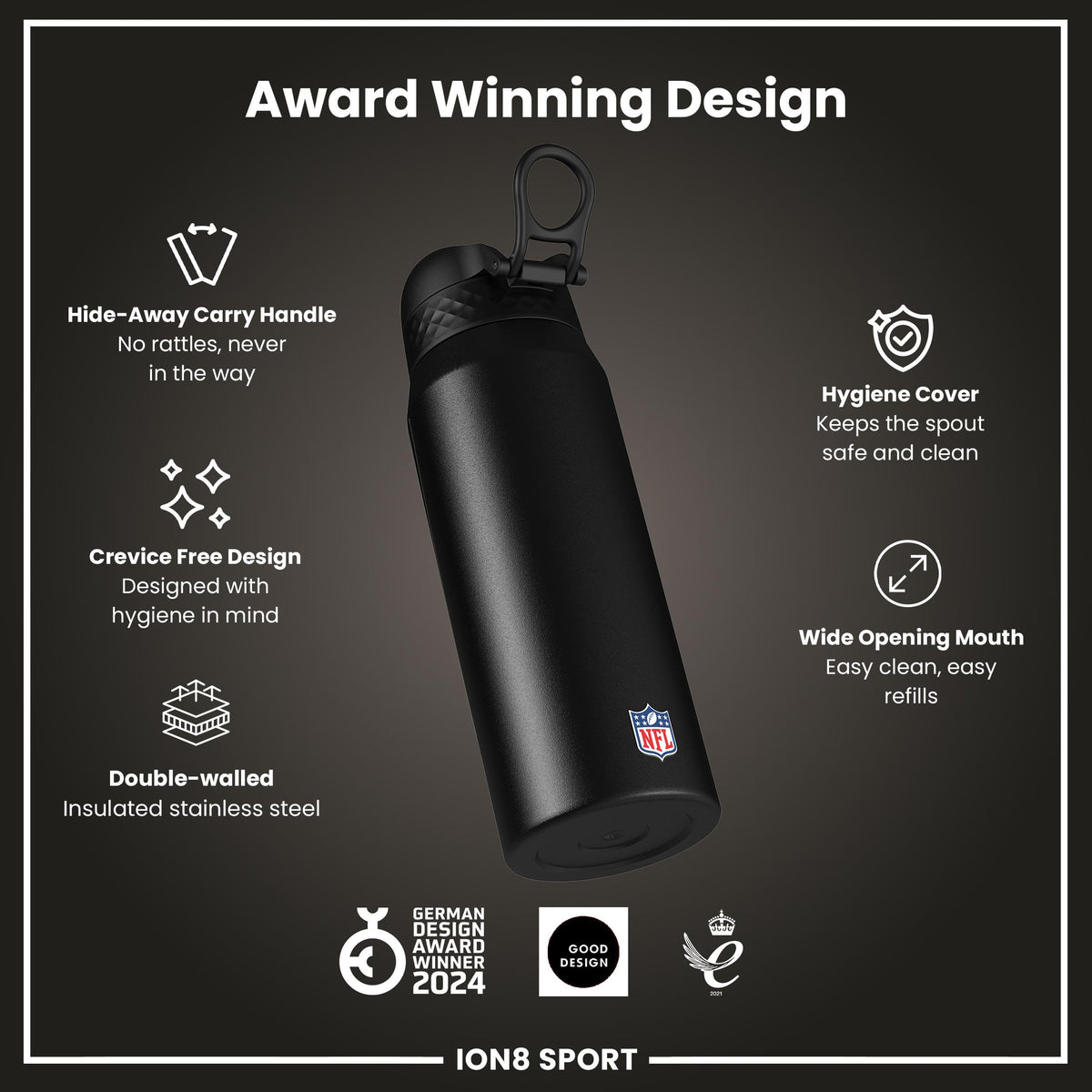 NFL x ION8 Insulated Steel Water Bottle, NFL Patriots, 750ml (24oz)