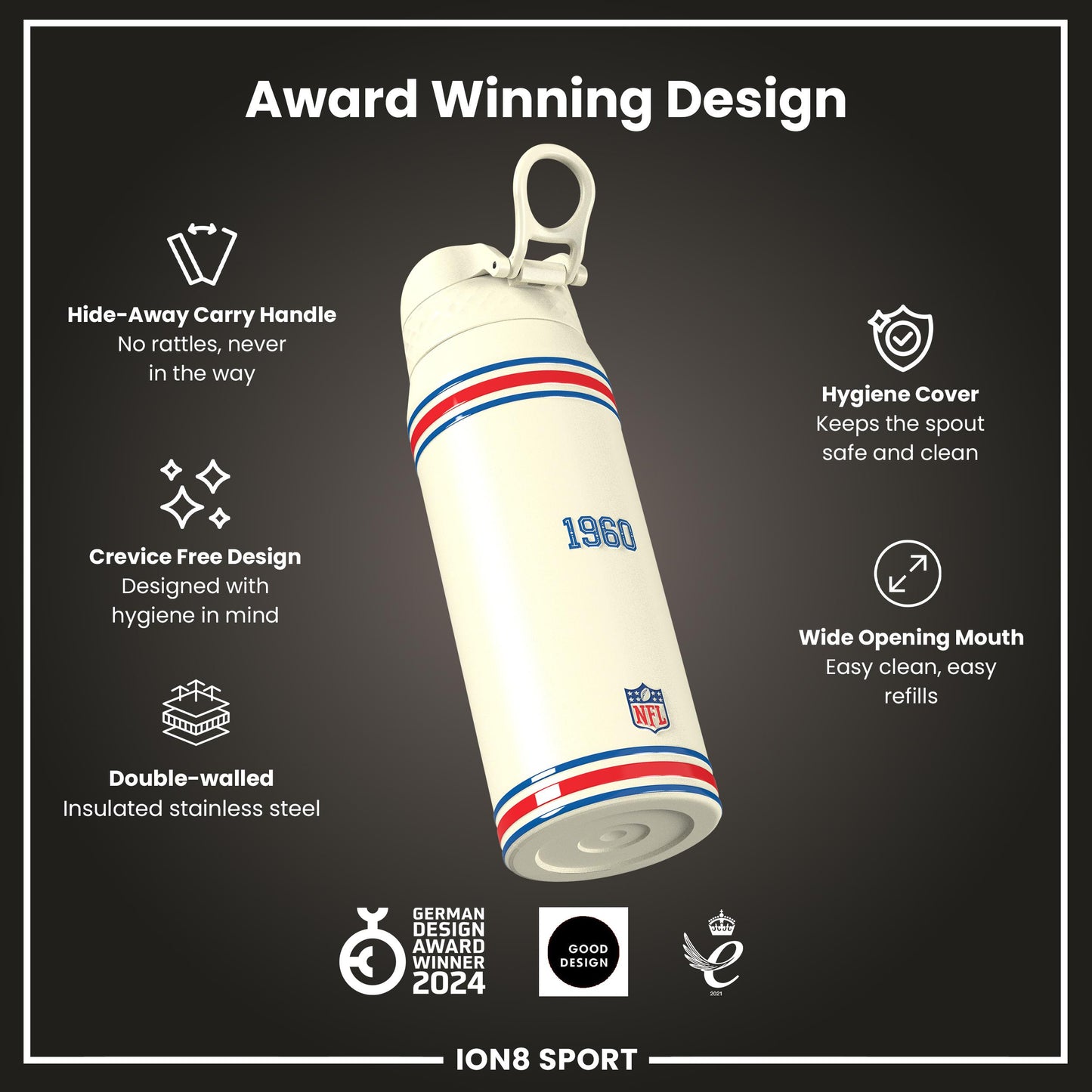 NFL x ION8 Insulated Steel Water Bottle, NFL Bills, 750ml (24oz)
