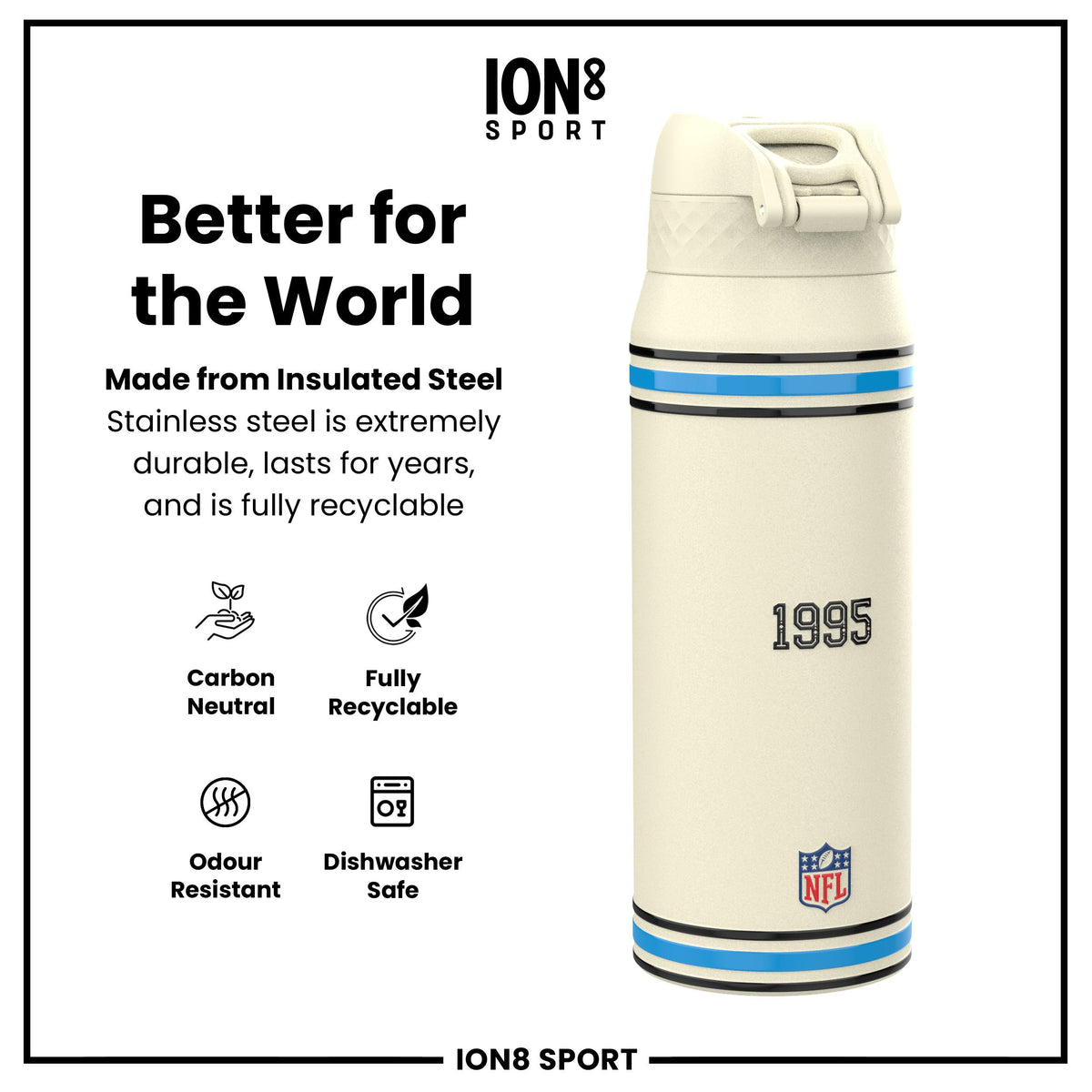 NFL x ION8 Insulated Steel Water Bottle, NFL Panthers, 750ml (24oz)