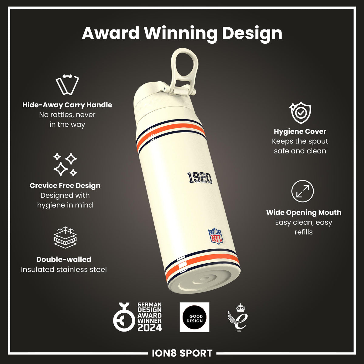 NFL x ION8 Insulated Steel Water Bottle, NFL Bears, 750ml (24oz)