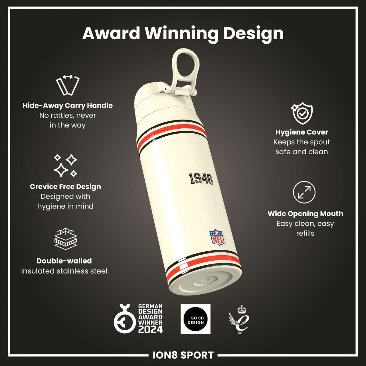 NFL x ION8 Insulated Steel Water Bottle, NFL Browns, 750ml (24oz)