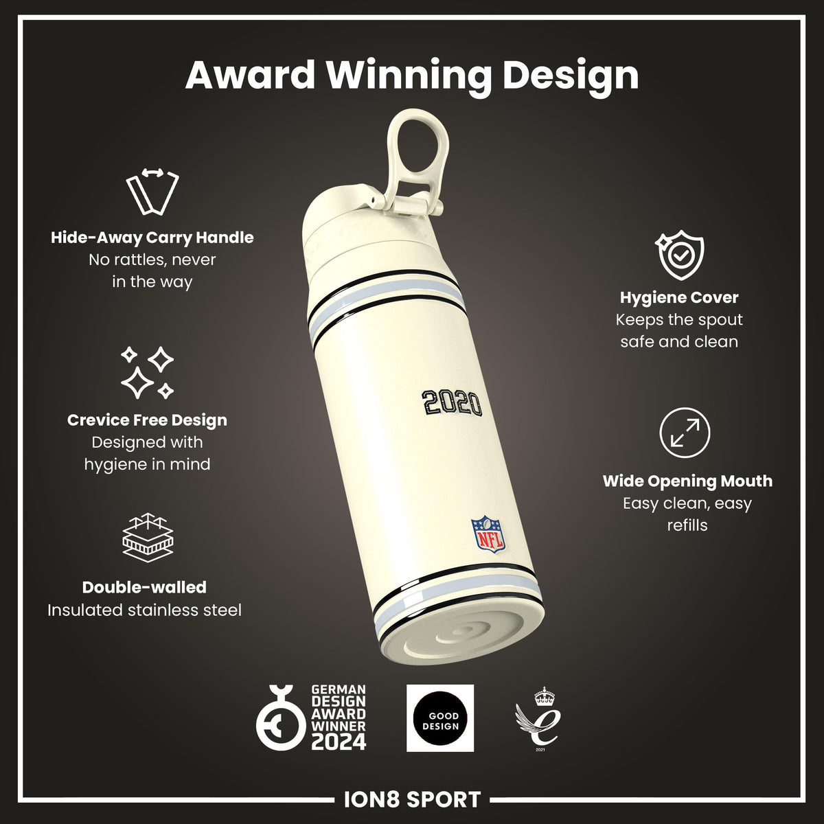 NFL x ION8 Insulated Steel Water Bottle, NFL Raiders, 750ml (24oz)