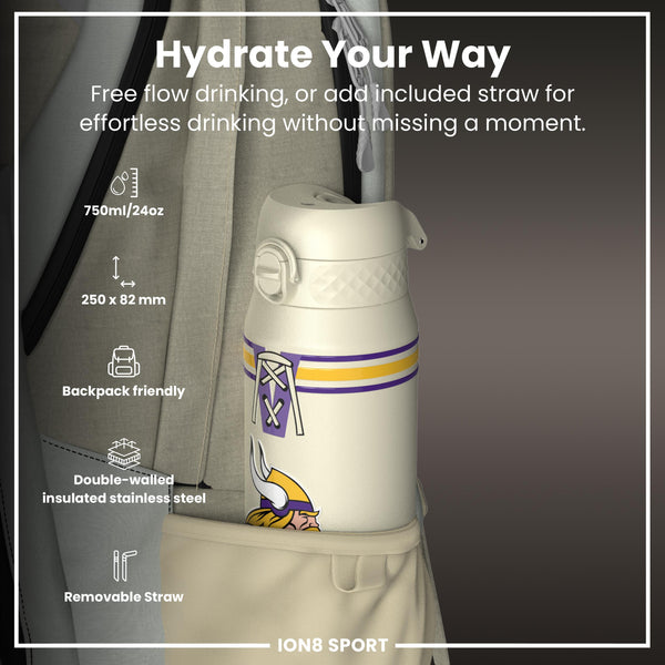 NFL x ION8 Insulated Steel Water Bottle, NFL Vikings, 750ml (24oz)