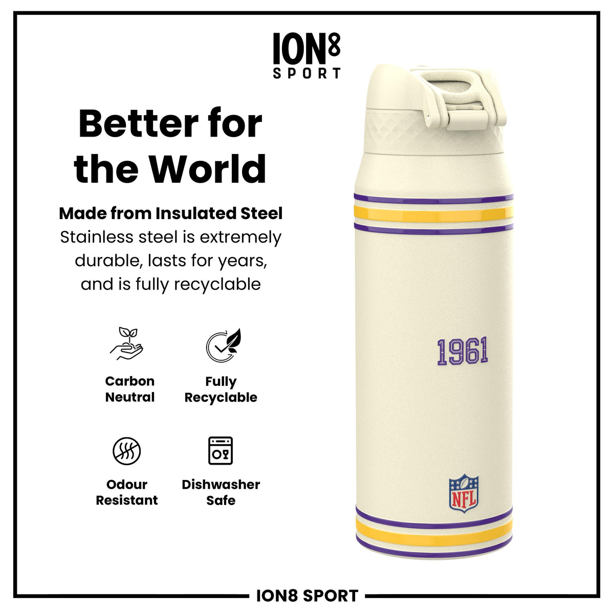 NFL x ION8 Insulated Steel Water Bottle, NFL Vikings, 750ml (24oz)