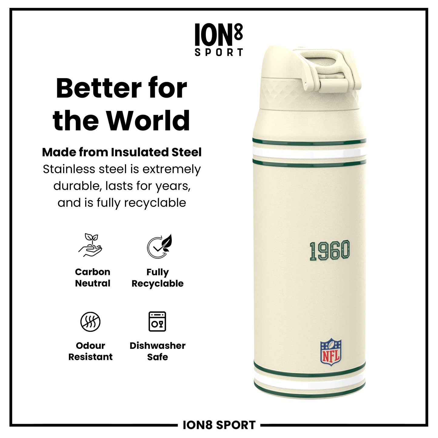 NFL x ION8 Insulated Steel Water Bottle, NFL Jets, 750ml (24oz)